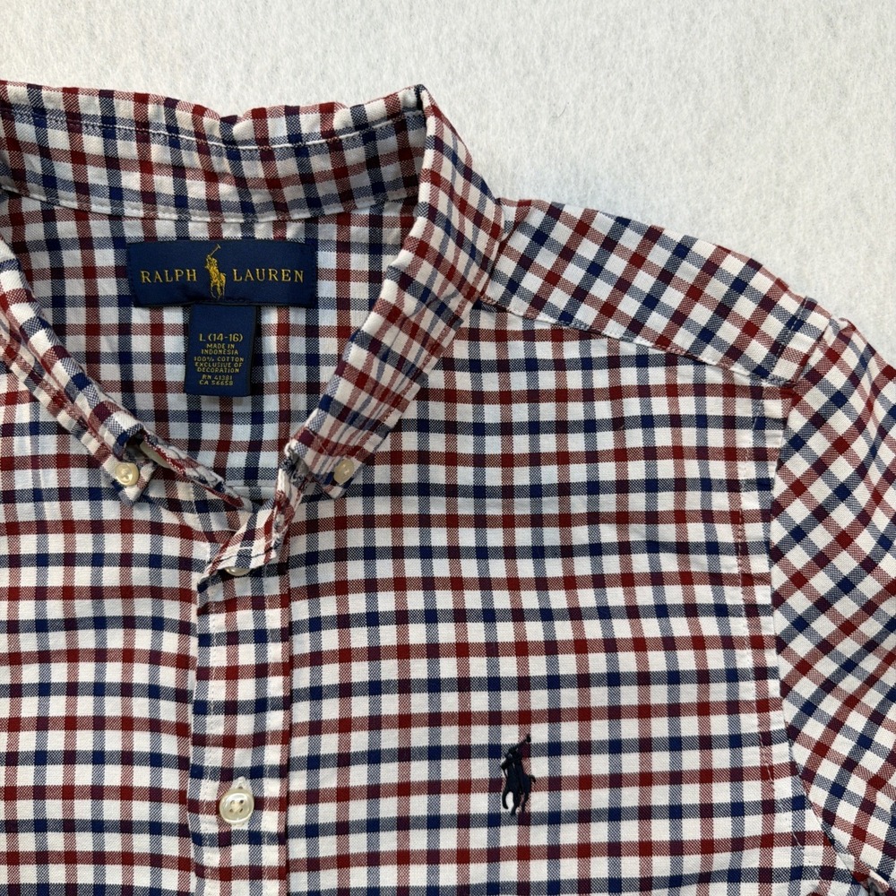 Ralph Lauren Boys Large 14-16 Gingham Button Down Shirt Red Navy Blue Check